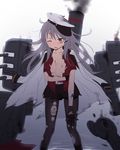  bad_id bad_pixiv_id bandaged_arm bandages black_legwear black_skirt blood blood_on_face breasts brown_gloves cnm damaged gangut_(kantai_collection) gloves grey_hair hair_ornament hairclip hat highres injury kantai_collection long_hair machinery miniskirt one_eye_closed open_clothes open_mouth open_shirt pantyhose peaked_cap pleated_skirt red_eyes red_shirt rigging shirt short_sleeves skirt small_breasts solo torn_clothes torn_gloves torn_legwear torn_skirt turret white_coat 