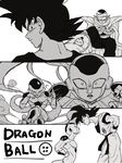  3boys baby black_eyes cape comic copyright_name crossed_arms dougi dragon_ball dragon_ball_(object) dragon_ball_z dragon_ball_z_fukkatsu_no_f eye_contact fighting_stance frieza grandfather_and_granddaughter greyscale hand_on_hip highres looking_at_another looking_at_viewer looking_back monochrome multiple_boys pan_(dragon_ball) piccolo serious simple_background sleeping smile son_gokuu tkgsize turban white_background wristband 