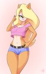  2017 anthro bandicoot belt black_nose blonde_hair clothed clothing crash_bandicoot_(series) eyebrows eyelashes eyeshadow female green_eyes hair hair_over_eye half-closed_eyes hand_on_hip hi_res long_hair looking_at_viewer makeup mammal marsupial midriff navel shirt shorts simple_background skecchiart smile solo tawna_bandicoot thigh_gap video_games 