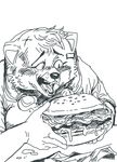  2017 5_fingers anthro black_and_white black_eyes black_nose blush burger bust_portrait canine cheek_tuft clothed clothing dog dripping eating fangs female food fully_clothed fur hair hairclip head_tuft hi_res holding_food holding_object humanoid_hands humor kemono leaning line_art mammal meme monochrome open_mouth pigtails portrait raised_eyebrows reaction_image ryonggay sharp_teeth shirt short_hair silly_face simple_background sitting snout solo teeth tongue toony traditional_media_(artwork) tuft white_background white_fur white_hair wide_eyed 