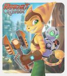  backpack clank clothed clothing duo fur gloves green_eyes hat invalid_tag lombax looking_at_viewer machine male pants partially_clothed poster ratchet ratchet_and_clank robot rysonanthrodog smile standing stripes tail_tuft topless tuft video_games weapon 