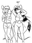  2017 big_breasts breasts buckteeth cleavage clitoral_hood clothed clothing david_a_cantero dialogue dress faith_(daq) hair hat hi_res inner_ear_fluff long_hair looking_down mammal mary_(sailoranna) monochrome mouse pussy rodent shirt shorts standing teeth 