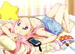  absurdres aguri_(gamers!) bare_shoulders bed blue_pajamas blue_shorts blush breasts cellphone cleavage collarbone gamers! highres holding holding_phone indoors long_hair looking_at_viewer lying on_back phone pillow pink_hair purple_eyes shiny shiny_skin short_shorts shorts sleeveless small_breasts smartphone smartphone_case solo star_pillow 