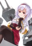  1girl ajax_(azur_lane) azur_lane bangs beret black_sleeves blush breasts brown_legwear cannon commentary_request detached_sleeves eyebrows_visible_through_hair hair_ornament hairclip hand_up hat high-waist_skirt highres legs_crossed long_hair long_sleeves looking_at_viewer parted_lips pleated_skirt purple_hair red_eyes red_skirt shirt sitting skirt sleeves_past_wrists small_breasts solo tsukiman turret two_side_up very_long_hair white_hat white_shirt 