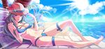  beach belt bikini blue_bikini breasts cleavage commentary_request day elincia_ridell_crimea fire_emblem fire_emblem:_souen_no_kiseki fire_emblem_heroes green_hair hat highres kokouno_oyazi large_breasts long_hair looking_at_viewer open_mouth smile solo swimsuit thigh_strap thighs underboob 