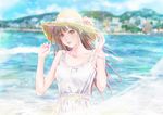  bare_arms bare_shoulders blurry blurry_background bracelet brown_eyes brown_hair cloud collarbone day depth_of_field dress hat highres jewelry kinoebi long_hair looking_at_viewer ocean original outdoors sky sleeveless sleeveless_dress solo straw_hat summer sun_hat sundress water white_dress 