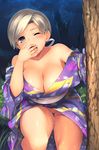  ;o aaru_(tenrake_chaya) against_tree ass_visible_through_thighs bare_shoulders breasts chitose_(kantai_collection) cleavage eyebrows_visible_through_hair grey_hair hair_ribbon hand_to_own_mouth highres japanese_clothes kantai_collection kimono large_breasts looking_at_viewer obi off_shoulder one_eye_closed outdoors pussy_juice ribbon sash short_hair silver_eyes solo sweat thigh_gap tongue tongue_out tree yukata 