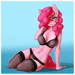  2017 absurd_res anthro anthrofied blush border bra captainpudgemuffin clothing earth_pony equine eyeshadow female friendship_is_magic hair hair_over_eye hi_res horse legwear lingerie long_hair looking_at_viewer makeup mammal my_little_pony pink_hair pinkie_pie_(mlp) pony pussy solo thigh_highs translucent transparent_clothing underwear white_border 
