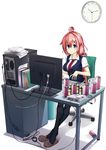  ahoge blue_eyes bottle can chair clock computer cover cover_page cup hair_ornament ikinokore!_shachiku-chan long_hair looking_at_viewer mug necktie office_chair phone pink_hair sakura_ouka sitting smile solo yuuki._(limit) 