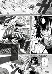  animal_ears atou_rie attack backpack bag bear_ears blood blood_on_face brown_bear_(kemono_friends) cerulean_(kemono_friends) clenched_teeth comic commentary_request driving fingerless_gloves gloves greyscale ground_vehicle injury japari_bus kaban_(kemono_friends) kemono_friends marker_(medium) monochrome motor_vehicle multiple_girls navel no_hat no_headwear one-eyed one_eye_closed outdoors shirt short_hair short_sleeves shorts sitting speed_lines steering_wheel stomach teeth torn_clothes torn_shirt traditional_media translated 