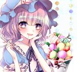  1girl bangs black_ribbon blush commentary_request drooling food frilled_shirt_collar frills fruit ginzuki_ringo hand_on_own_cheek hat ice_cream japanese_clothes kimono macaron mob_cap neck_ribbon parfait parted_lips pink_eyes pink_hair ribbon saigyouji_yuyuko smile solo spoon strawberry touhou triangular_headpiece upper_body 