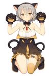  animal_ears bare_shoulders boots breasts cat_ears cat_paws cat_tail cleavage closed_mouth detached_collar earrings expressionless fake_animal_ears food_themed_earrings full_body girls_frontline highres jack-o'-lantern jack-o'-lantern_earrings jewelry kneeling looking_at_viewer medium_breasts multiple_tails paw_pose paws pumpkin_earrings shone short_hair silver_hair simple_background single_earring single_thighhigh solo tail thighhighs vector_(girls_frontline) white_background yellow_eyes yellow_legwear 