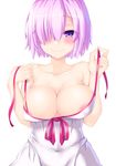  areolae ashisi bare_shoulders breasts closed_mouth fate/grand_order fate_(series) hair_over_one_eye highres large_breasts mash_kyrielight purple_eyes purple_hair short_hair simple_background smile solo white_background 