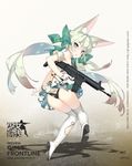  &gt;:) :p animal_ear_fluff animal_ears art556_(girls_frontline) ass assault_rifle bangs black_panties blush boots bow brown_eyes closed_mouth commentary eyebrows_visible_through_hair floating_hair from_behind girls_frontline gloves green_bow green_hair green_ribbon gun hair_between_eyes hair_bow hair_ribbon high_heel_boots high_heels highres holding holding_gun holding_weapon knees_together_feet_apart long_hair looking_at_viewer looking_back object_namesake official_art over-kneehighs panties ribbon rifle saru shadow shiny shiny_hair smile solo taurus_art556 thigh_boots thighhighs thighs tongue tongue_out torn_clothes torn_legwear trigger_discipline twintails underwear v-shaped_eyebrows weapon white_gloves white_legwear 