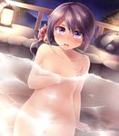  akebono_(kantai_collection) bell blush censored flower hair_bell hair_flower hair_ornament highres jingle_bell kantai_collection long_hair neit_ni_sei nude onsen open_mouth partially_submerged purple_eyes purple_hair red_flower solo 