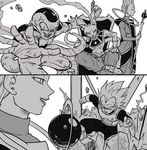  3boys beerus closed_eyes comic crossed_legs dragon_ball dragon_ball_z dragon_ball_z_fukkatsu_no_f egyptian_clothes frieza greyscale hand_on_own_face highres looking_at_viewer looking_away monochrome multiple_boys nervous outstretched_hand simple_background staff super_saiyan super_saiyan_blue throne tkgsize vegeta whis white_background 