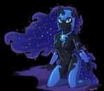  2016 anthro anthrofied areola armor barely_visible_genitalia black_background blue_nails breasts colored_nails crescent_moon cute_fangs equine ethereal_hair friendship_is_magic helmet horn kneeling long_nails mammal moon mostly_nude my_little_pony navel nightmare_moon_(mlp) nipples pussy signature simple_background slit_pupils smile solo subtle_pussy tggeko unicorn 