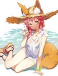  :p animal_ears bare_legs beach bikini bikini_under_clothes blue_bikini blush bracelet breasts collarbone ears_through_headwear fate/grand_order fate_(series) feet fox_ears fox_girl fox_tail full_body hat jewelry kanro_ame_(ameko) legs looking_at_viewer medium_breasts pink_hair sandals see-through shirt short_sleeves simple_background solo straw_hat sun_hat swimsuit t-shirt tail tamamo_(fate)_(all) tamamo_no_mae_(fate) tamamo_no_mae_(swimsuit_lancer)_(fate) tongue tongue_out twitter_username water wedge_heels wet wet_clothes wet_shirt wet_t-shirt white_background white_shirt yellow_eyes 