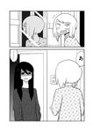  2girls blush caught comic daidou_ayumu daidou_sayo disgust greyscale highres long_hair mirror mochi_au_lait monochrome multiple_girls original personality_switch short_hair siblings sisters spoken_ellipsis sweat translated turn_pale 