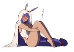  barefoot blush commentary dark_skin fate/grand_order fate_(series) hairband highres jikatarou knees_up long_hair looking_at_viewer nitocris_(fate/grand_order) nitocris_(swimsuit_assassin)_(fate) open_mouth purple_eyes purple_hair sitting swimsuit thick_thighs thighs translated white_background 