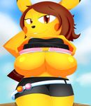  2017 areola_slip big_breasts bra breasts clothing hair huge_breasts looking_at_viewer low-angle_view nintendo pikachu pok&eacute;mon shortstack slickehedge smile solo thick_thighs under_boob underwear undressing video_games worm&#039;s-eye_view 
