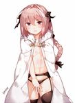  ahoge androgynous artist_name astolfo_(fate) bangs black_bow black_garter_belt black_legwear black_panties blush bow braid cloak collarbone commentary covering covering_crotch cowboy_shot deru06 dot_nose eyebrows_visible_through_hair eyes_visible_through_hair fate/apocrypha fate_(series) fur-trimmed_cloak fur_collar garter_belt hair_between_eyes hair_bow hair_intakes hand_on_own_chest hand_up long_hair male_focus multicolored_hair naked_cloak navel otoko_no_ko panties pink_eyes pink_hair pout ribbon simple_background single_braid skindentation solo streaked_hair thighhighs two-tone_hair underwear white_background white_cloak white_hair 