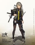  blush character_name exoskeleton full_body girls_frontline grey_hair gun h&amp;k_ump hair_between_eyes heckler_&amp;_koch highres id_card jacket long_hair looking_away official_art pantyhose renatus.z single_knee_pad solo star star-shaped_pupils submachine_gun suppressor symbol-shaped_pupils ump40_(girls_frontline) walkie-talkie weapon yellow_eyes 