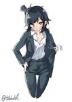  :d alternate_costume belt black_hair black_hat black_jacket black_pants breasts cleavage collarbone cropped_legs earrings ebifurya green_eyes hat highres jacket jewelry kantai_collection long_sleeves matsukaze_(kantai_collection) mini_hat mini_top_hat open_mouth pants shirt short_hair simple_background small_breasts smile solo top_hat twitter_username v-shaped_eyebrows white_background white_shirt 