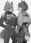  2017 anthro belt black_nose blush bodysuit bulge canine clothed clothing crossdressing dipstick_tail duo embarrassed female fox fox_mccloud fur gloves hair hair_ornament hi_res holster jacket korosuke krystal male mammal monochrome multicolored_tail nintendo short_hair simple_background skinsuit star_fox tailband tight_clothing video_games white_fur 