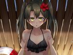  alternate_costume blurry breasts collarbone commentary_request depth_of_field flower green_eyes grey_hair hair_flower hair_ornament hair_ribbon hibiscus innertube kantai_collection long_hair looking_at_viewer ohiya out_of_frame parted_lips pov pov_hands ribbon shade small_breasts sweat swimsuit twintails wall_slam zuikaku_(kantai_collection) 