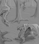  2015 ambiguous_gender detailed_background dragon feral greyscale group horn kodardragon membranous_wings monochrome open_mouth spines teeth tongue wings 