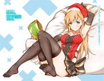  3: aqua_eyes arm_up armpits bangs black_gloves black_legwear blonde_hair blush breasts elbow_gloves fur_trim gamers! gloves hat highres knees_together_feet_apart long_hair looking_at_viewer lossy-lossless medium_breasts novel_illustration pleated_skirt saboten sack santa_hat sitting skirt solo tears tendou_karen thighhighs 