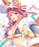  animal_ears bikini blue_bikini blush bow bracelet breasts commentary_request ears_through_headwear fate/extra fate/grand_order fate_(series) fox_ears fox_shadow_puppet fox_tail hands_up hat hat_bow jacket jewelry large_breasts long_hair looking_at_viewer navel open_clothes open_jacket open_mouth pink_hair side-tie_bikini smile solo striped striped_bow sun_hat swimsuit tail tamamo_(fate)_(all) tamamo_no_mae_(swimsuit_lancer)_(fate) towel towel_around_neck upper_body white_hat yellow_eyes yuuki_hagure 