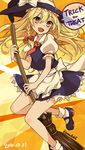  artist_name black_hat blonde_hair blush bow dated english eyebrows_visible_through_hair hair_bow halloween hat hat_bow hat_ribbon kirisame_marisa komazuki_(komaworks240) long_hair looking_at_viewer miniskirt open_mouth red_bow ribbon skirt smile solo speech_bubble touhou trick_or_treat white_bow white_ribbon witch_hat yellow_eyes 