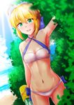  artoria_pendragon_(all) artoria_pendragon_(swimsuit_archer) beach bikini blonde_hair bush cowboy_shot dutch_angle fate/grand_order fate_(series) green_eyes momoda_yasuhito navel saber smile standing swimsuit water_gun white_bikini 