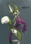  2017 anthro butt canine clothed clothing digital_media_(artwork) dragon_ball dragon_ball_super fennec fox fur japanese_text majora majora_dbs male mammal mej muscular nude presenting simple_background smile solo text tongue tongue_out translated wolf 