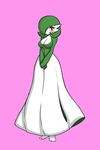  big_breasts blush breasts cleavage clothed clothing female full_body gardevoir green_hair hair kewon looking_at_viewer nintendo pink_background pok&eacute;mon red_eyes simple_background smile solo standing tagme video_games 