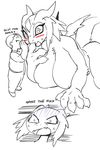  anthro big_breasts black_and_white blush breasts dialogue dragon english_text eyelashes female huge_breasts human jijis-waifus larger_female male mammal monochrome nipple_bulge oh-jiji open_mouth senna shocked size_difference smaller_male spot_color sweat text 
