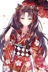  absurdres black_hair black_ribbon blush closed_mouth collarbone earrings eyebrows_visible_through_hair fate/grand_order fate_(series) hair_ribbon heroic_spirit_formal_dress highres ishtar_(fate/grand_order) japanese_clothes jewelry junpaku_karen kimono looking_at_viewer red_eyes ribbon smile solo twintails 