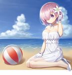 ball beach beachball breasts cleavage closed_mouth collarbone eyebrows_visible_through_hair eyes_visible_through_hair fate/grand_order fate_(series) flower gloves hair_flower hair_ornament hair_over_one_eye heijialan high_heels large_breasts looking_at_viewer mash_kyrielight purple_eyes purple_hair short_hair sitting solo wariza white_gloves 