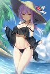  artoria_pendragon_(all) bikini black_bikini black_jacket cafeore cloud fate/grand_order fate/stay_night fate_(series) fisheye hat highres jacket long_hair looking_at_viewer open_clothes open_jacket outdoors palm_tree purple_hair saber_alter side-tie_bikini solo sun_hat swimsuit tree wading water yellow_eyes 