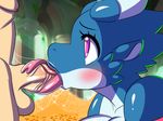  2017 animated anthro balls big_penis blue_scales blush bouncing_breasts breasts clothing deep_throat detailed_background digital_media_(artwork) dragon fabianoferreira fellatio female forest horn human long_tongue luhnearest&#039;aza male male/female mammal oral oral_penetration outside penetration penis purple_eyes saliva saliva_string scales sex slit_pupils tongue tongue_out tongue_wrap tonguejob treasure tree vein veiny_penis wings 