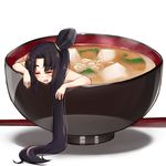  black_hair bowl chopsticks closed_eyes fate/grand_order fate_(series) food holding holding_chopsticks in_bowl in_container in_food long_hair miso_soup p!nta side_ponytail solo ushiwakamaru_(fate/grand_order) very_long_hair 