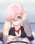  1girl absurdres black-framed_eyewear black_legwear breast_press breasts cleavage closed_mouth collared_shirt eyebrows_visible_through_hair eyes_visible_through_hair fate/grand_order fate_(series) glasses highres hisayaki_kyuu indoors large_breasts lips looking_at_viewer loose_necktie lying mash_kyrielight necktie off_shoulder on_stomach pantyhose pink_hair pov purple_eyes shirt short_hair sleeveless sleeveless_shirt smile solo_focus 