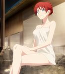  1girl bare_shoulders blue_eyes breasts cleavage large_breasts re:creators red_hair selesia_upitiria stitched towel water 