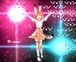  animal_ears armpits arms_up boots breasts brown_hair credits emoticon gloves kakegurui kemono_friends kikumaru_bunta long_hair medium_breasts niconico parody petals rose_petals serval_(kemono_friends) serval_ears serval_tail solo tail translated white_gloves 