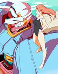  aida_rayhunton bare_arms bare_legs bare_shoulders barefoot beach black_swimsuit breasts competition_swimsuit from_above from_side g-self gundam gundam_g_no_reconguista hands_on_hips long_hair mecha medium_breasts one-piece_swimsuit red_hair sketch solo standing swimsuit thighs umanosuke 