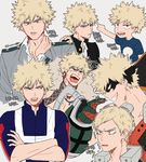  alternate_hairstyle angry bakugou_katsuki bangs blonde_hair boku_no_hero_academia child clenched_teeth domino_mask earrings expressions frown fur_trim gauntlets half-closed_eyes jacket jewelry korean kwonrugger mask multiple_views necklace open_mouth pointing school_uniform simple_background smile spiked_hair swept_bangs teeth text_focus topless track_jacket trembling u.a._school_uniform white_background wide-eyed younger 