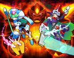  android aqua_hair armor crotch_plate energy_weapon green_hair helmet long_hair pandora_(rockman) prometheus_(rockman) red_eyes rockman rockman_zx rockman_zx_advent scythe staff tagme 