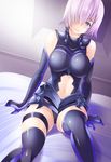  arm_support armor armored_dress bare_shoulders black_legwear breasts closed_mouth commentary_request elbow_gloves fate/grand_order fate_(series) gloves hair_over_one_eye indoors large_breasts lavender_hair looking_at_viewer maki_(seventh_heaven_maxion) mash_kyrielight navel purple_eyes purple_gloves short_hair sitting smile solo stomach thighhighs 